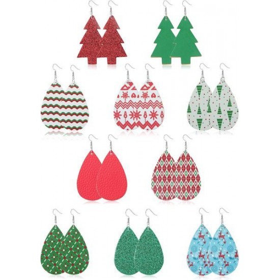 10 Pairs Christmas Leather Earrings Teardrop Tree Drop Earrings For Women Holiday Lightweight Statement Dangle Earrings Set Xmas Party